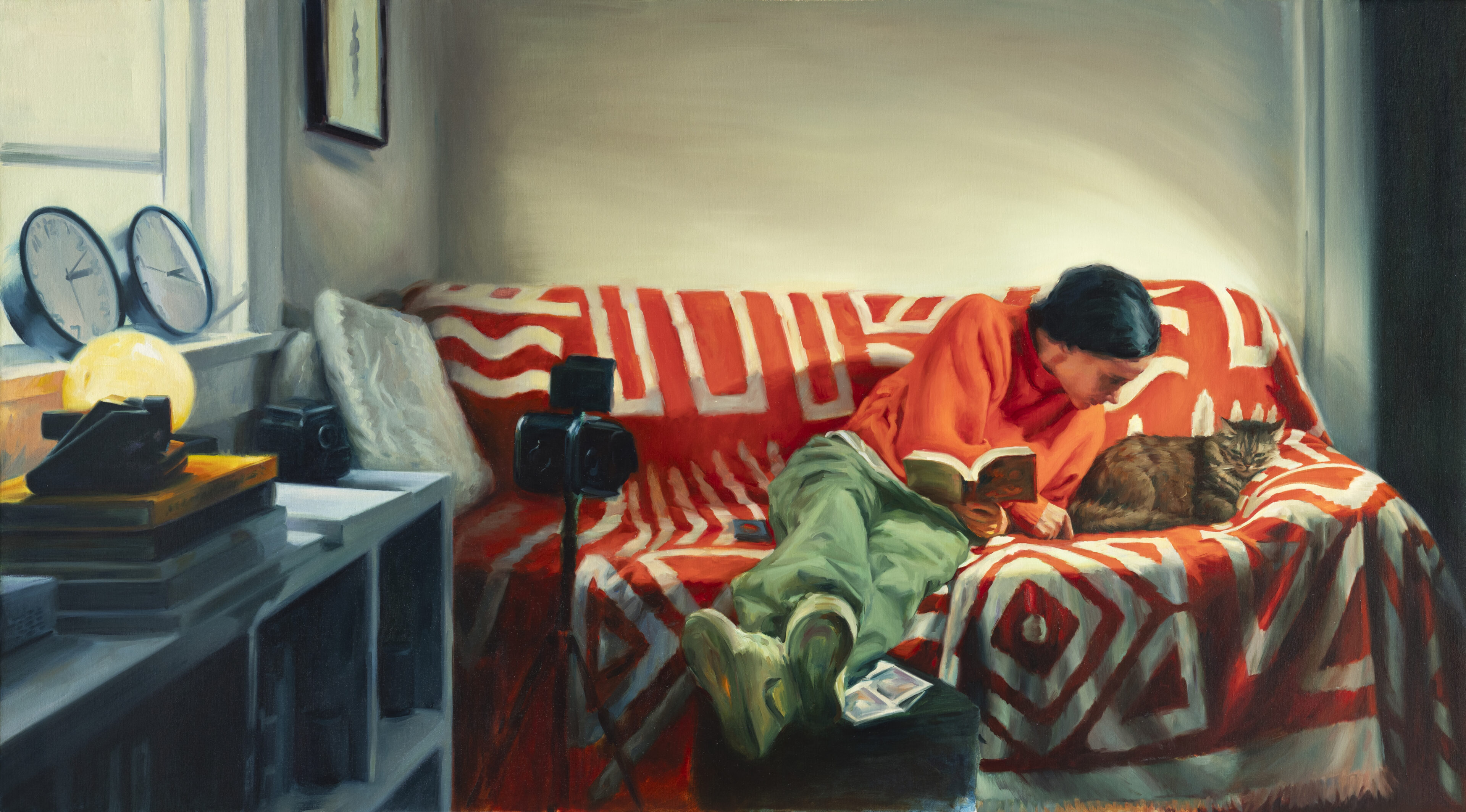 Evelyn and cat, 2026. Oil on canvas. 20 x 72 in